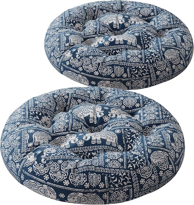 Codi Meditation Floor Pillow, Boho Pillows Seating for Adults and Kids, Large Cushion for Yoga Living Room Tatami Sitting, Memory Foam Added, 22x22 Inch Pack of 2, Round - Indigo Elephant