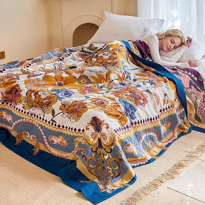 Boho Throw Blanket - 60"x80" 100% Cotton Ultra Soft Lightweight Spring Blanket, 4-Layer Breathable Muslin Blankets for Bed Couch, Reversible Yellow Floral Printed Bohemian Cotton Quilt