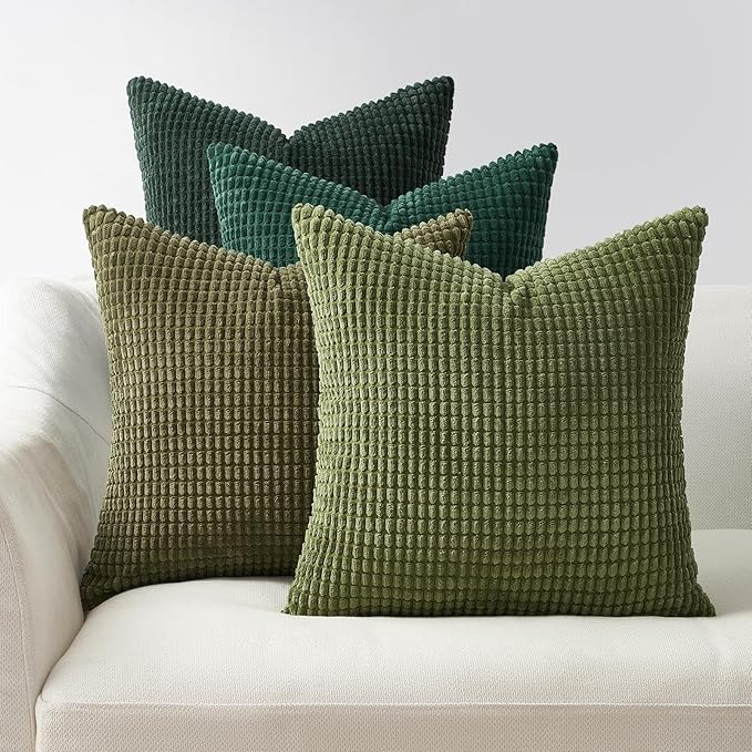 Topfinel Fall Pillow Covers Set of 4 Soft Corduroy Boho Strip Textured OliveGreen Pillow Covers Modern Farmhouse Cute Autumn Home Decor Green Living Room Sofa Couch Bed 40x40 cm