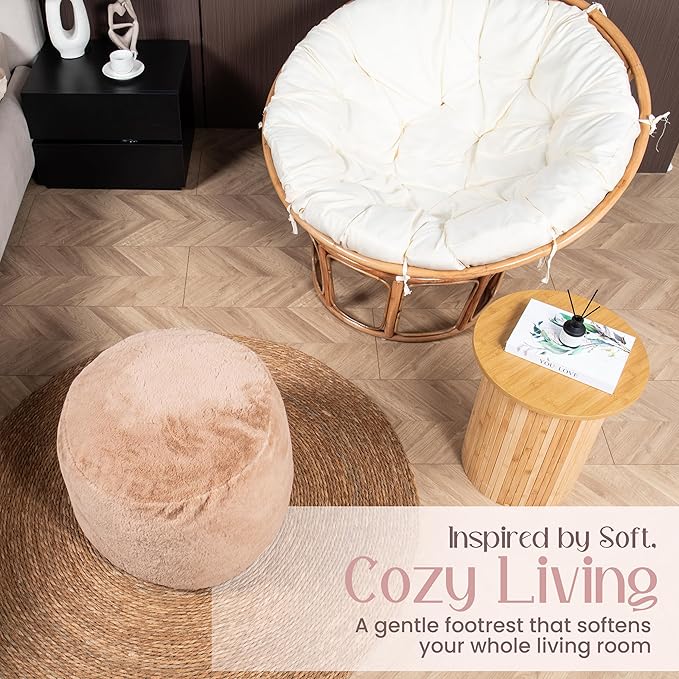 Cozy Plush Brown Pouf | Living Room Ottoman Footrest at 20 x 15 Inches | Soft, Non-Shedding Round Stool Sofa Ottoman with Supportive Foam Filling | Foot Rest for Couch