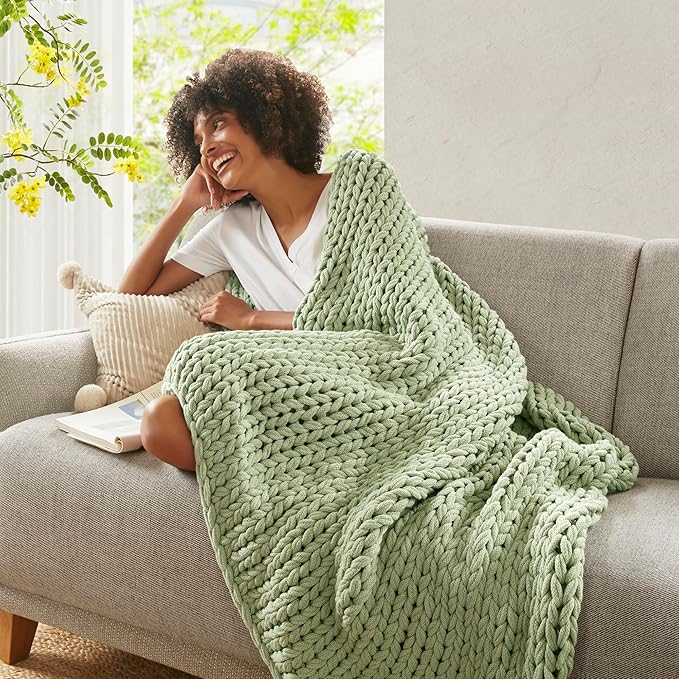 Madison Park Boho Throw Blanket, Soft Blanket Handmade Gift Home Decor, Lightweight & Breathable All Seasons Spring Chunky Knit Blanket, Knitted Throw for Couch, Bed Blanket, 50"x60"Sage Green