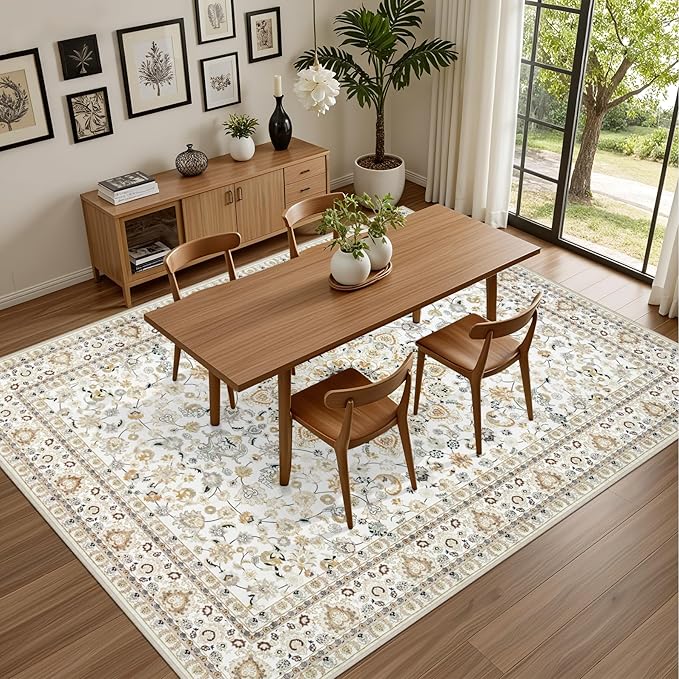 Area Rugs 10x12 Living Room Rug: Washable Rug Soft Vintage Boho Carpet Indoor Floor Non-Slip Stain Resistant Large Carpets for Bedroom Dining Room Farmhouse Nursery Home Office Beige