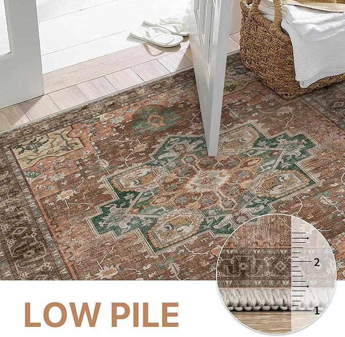 GENIMO 5FT Round Area Rugs for Living Room, Circle Rugs Machine Washable Low Pile, Chenille Non Slip Vintage Rug for Bedroom, Dining Room, Home Office, Charcoal Brown
