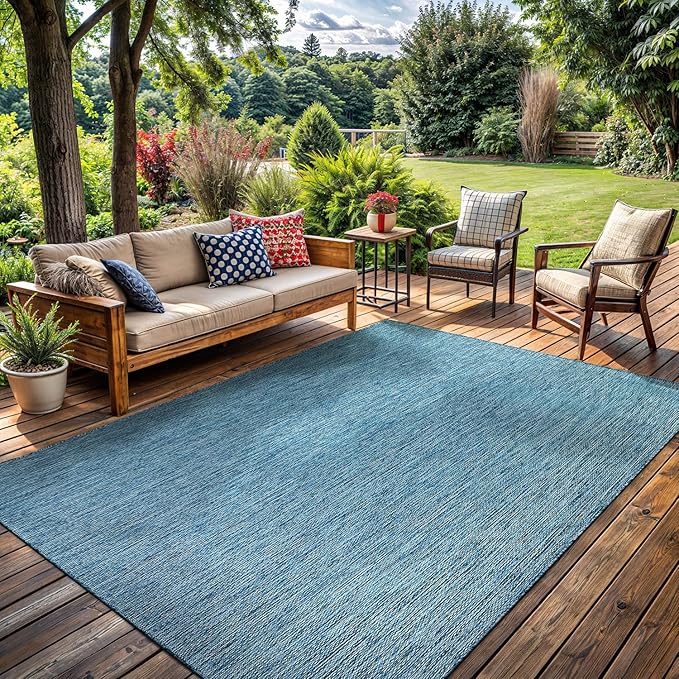 Washable Indoor Outdoor Rug Weather Resistant Carpet Modern Solid for Porch Deck Balcony Backyard Patio Rug 10x14 Aqua Blue