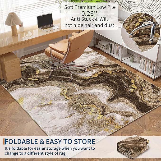 GarveeHome Large 8x10 Washable Rugs for Living Room Abstract Rug Swirl Marble Patterned Carpet, Low-Pile Non Slip Easy Cleaning Rug Neutral Modern Carpet for Bedroom Dining Room Farmhouse Office,Brown
