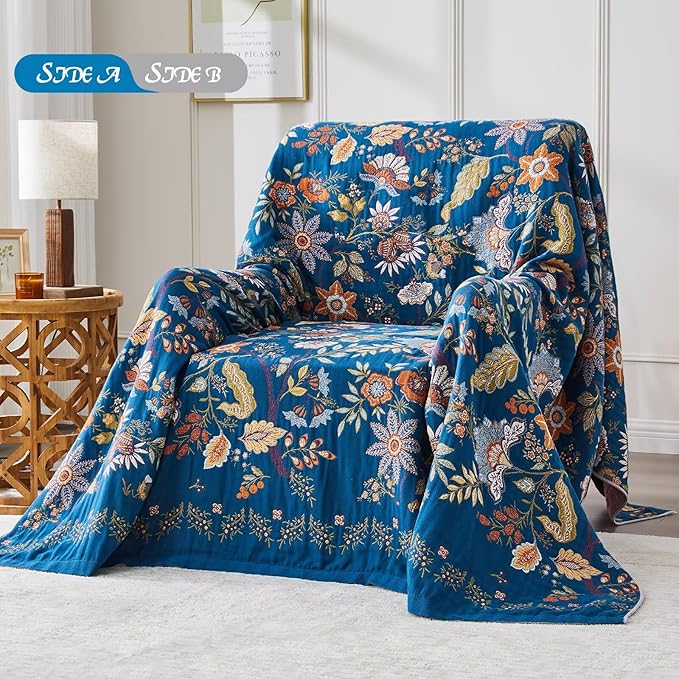 Boho Blanket Soft Muslin BohoThrow Blanket, 100% Cotton Floral Printed Farmhouse Decor All Season Reversible Rustic Throw for Sofa Couch Chair（Blue, 60"x80"）