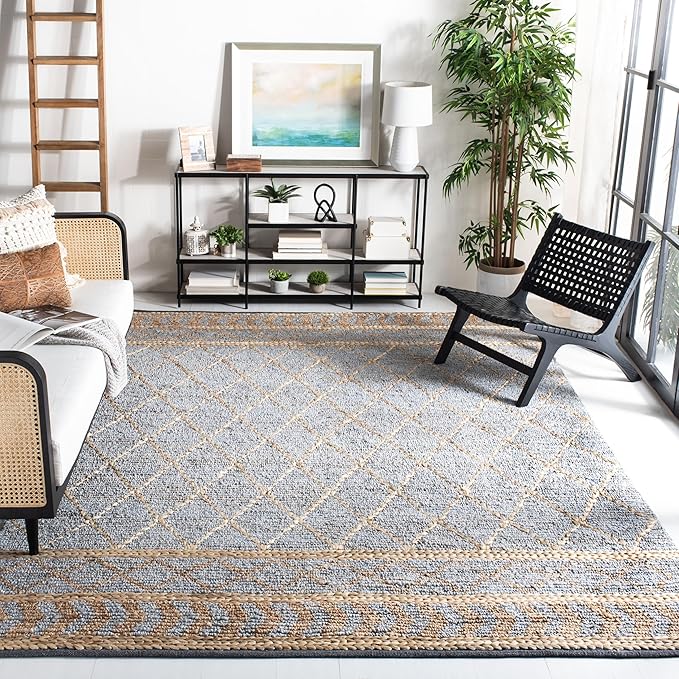 SAFAVIEH Natural Fiber Collection Area Rug - 9' x 12', Natural & Blue, Handmade Boho Moroccan Trellis Jute, Ideal for High Traffic Areas in Living Room, Bedroom (NF955N)