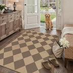 4x6 Checkered Easy Jute Area Rug for Living Room Checkerboard Washable Indoor Outdoor Carpet Farmhouse Patio Office Mat Geometric Non Slip Brown Carpet for Dorm Backyard Dining Room