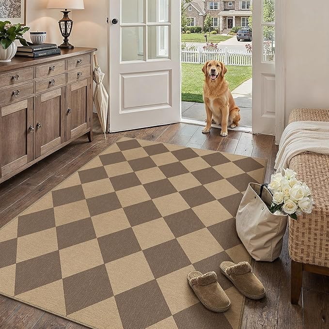 4x6 Checkered Easy Jute Area Rug for Living Room Checkerboard Washable Indoor Outdoor Carpet Farmhouse Patio Office Mat Geometric Non Slip Brown Carpet for Dorm Backyard Dining Room