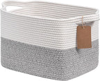 Goodpick Woven Storage Basket, Small Laundry Basket for Clothes, Towels and Shoes, Rope Square Gift Organizer with Handles, Gray and White, 13 x 10 x 9 Inches