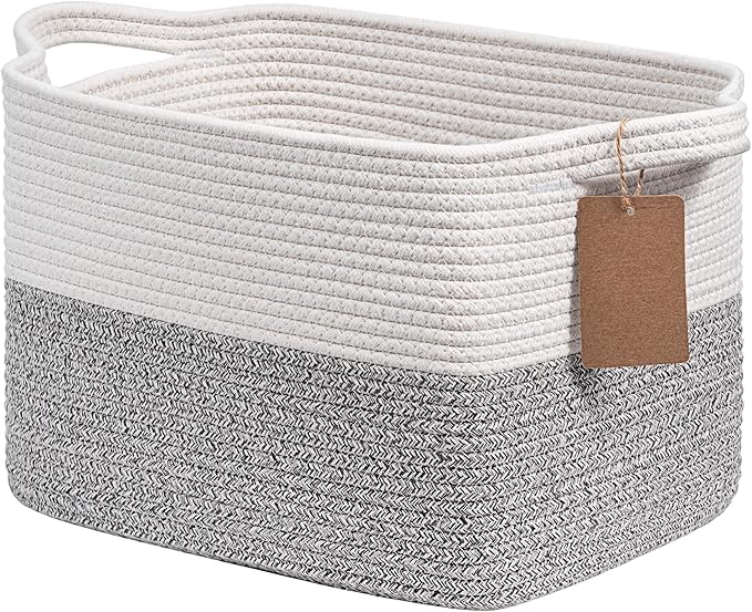 Goodpick Woven Storage Basket, Small Laundry Basket for Clothes, Towels and Shoes, Rope Square Gift Organizer with Handles, Gray and White, 13 x 10 x 9 Inches