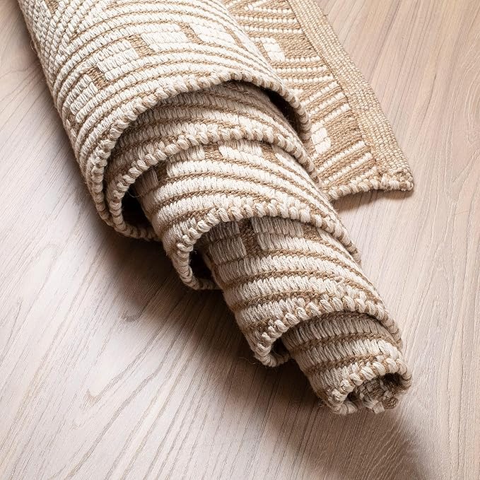 Jute Cotton Geomatric Area Runner Rug 2x6 Feet - Natural White, Reversible Boho Beige Ivory Runners Ideal for Hallways, Kitchen, Laundry Room | Farmhouse Decorative Costal Decor Floor Mats for Nursary
