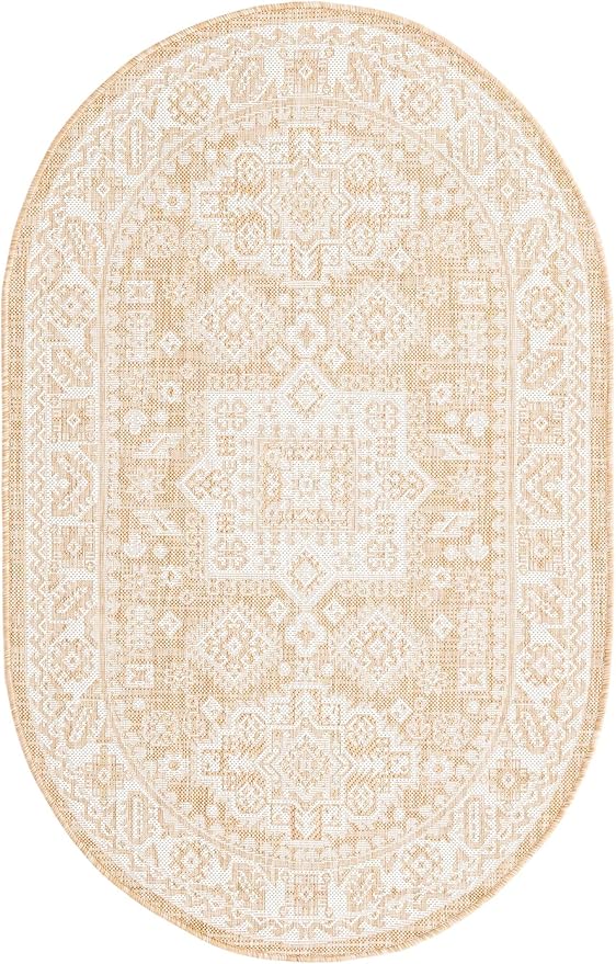 Rugs.com Outdoor Aztec Collection Rug – 3' x 5' Oval Natural Flatweave Rug Perfect for Living Rooms, Large Dining Rooms, Open Floorplans
