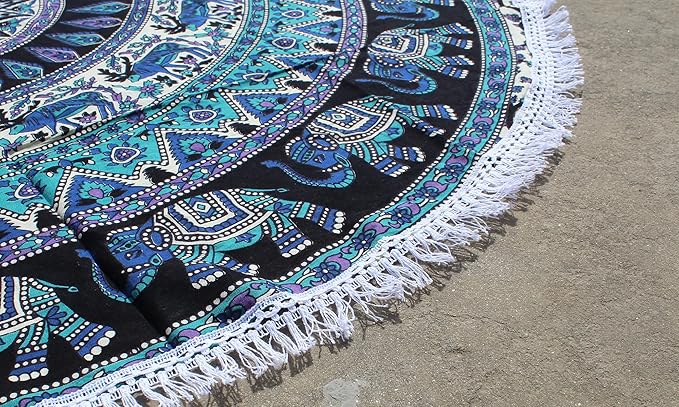 Round Beach Tapestry Turquoise Mandala Throw/Boho Hippie Beach Blanket Roundie/Indian Cotton Bohemian Large Round Table Cloth-Home Decor/Yoga Mat Meditation Picnic Rug (42", Green and Black)