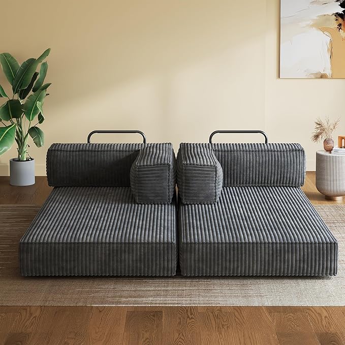WLIVE 60'' Futon Sofa Bed, Convertible Sleeper Sofa, Folding Pull Out Couch Boneless Mattress with Fixed Frame, Corduroy, with Storage Pocket, Grey
