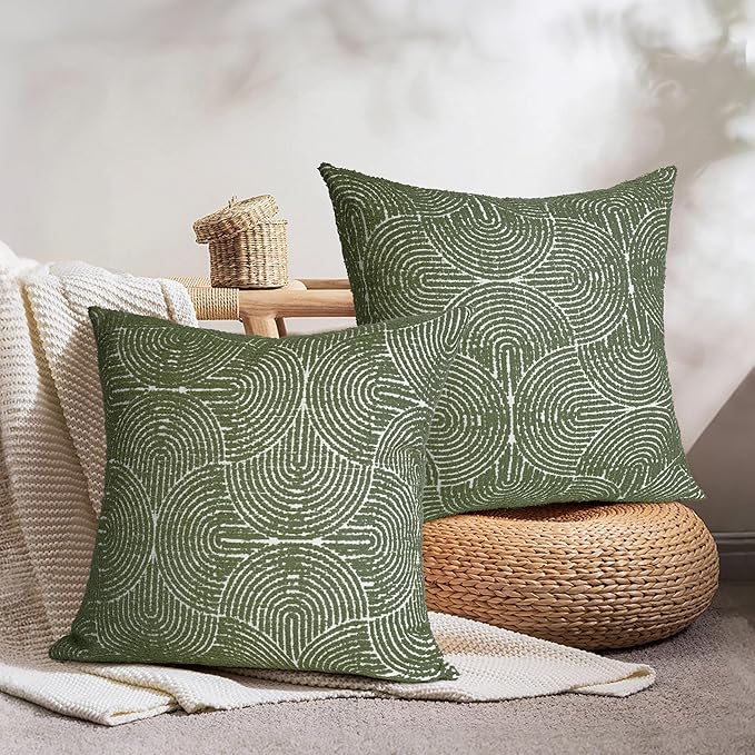 AELS Boho Decorative Textured Throw Pillow Covers 22x22, Modern Mid Century Rainbow Tufted Pillow Case, Farmhouse Rustic Geometric Woven Cushion Case for Bed Couch Sofa, Olive Green