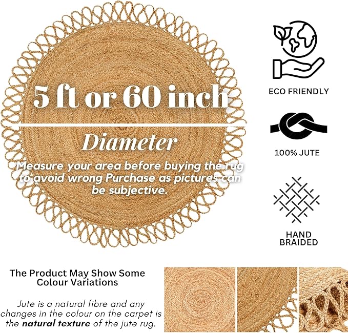 Hand Woven Braided Jute Rug - 5' Round - Reversible Farmhouse Dining Room Rug, Living Room, Bedroom, Kitchen - Natural Decorative Floor Boho Entry Area Rugs - Round Area Rugs 5ft
