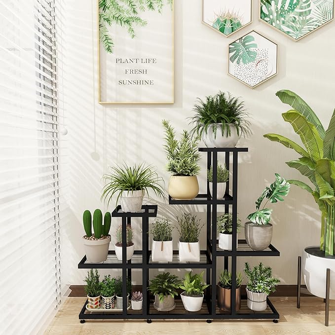 Plant Stand Indoor Corner Plant Stand Window Sill Plant Shelf for Bonsai Tree Live Plants Indoor Outdoor Metal Flower Rack for Apartment Decor Patio Decor, (6-Tier 16 Potted)