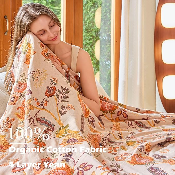 Boho Throw Blanket 60" x 80", 100% Organic Cotton Breathable Skin-Friendly Ultra Soft Bed Quilt Throw - Floral Rustic Decor Luxury Reversible Blanket for Sofa Couch Chair and Gift,