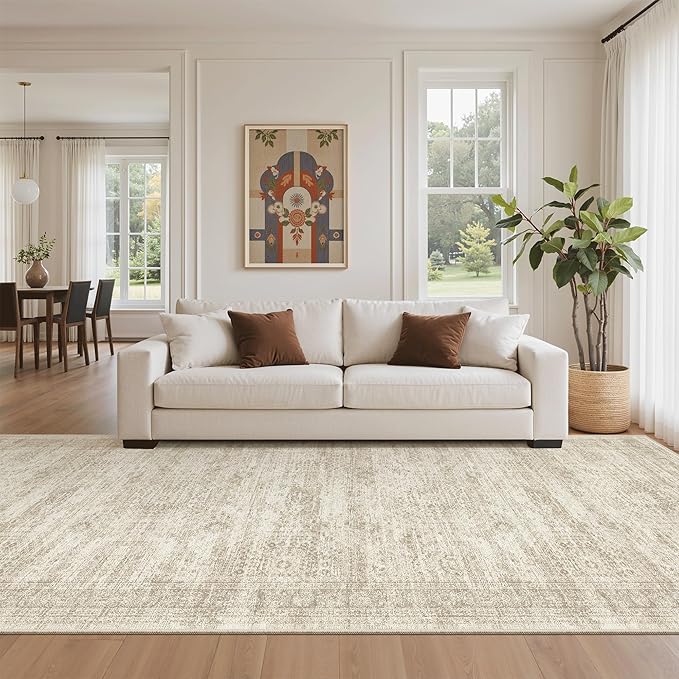 4x12 Wide Hallway Runners: Washable 12ft Runner Rug for Entryway Living Room Soft Vintage Non Slip Carpet Runner for Kitchen Dining Room Nursery Bedroom (Beige, 4x12ft)