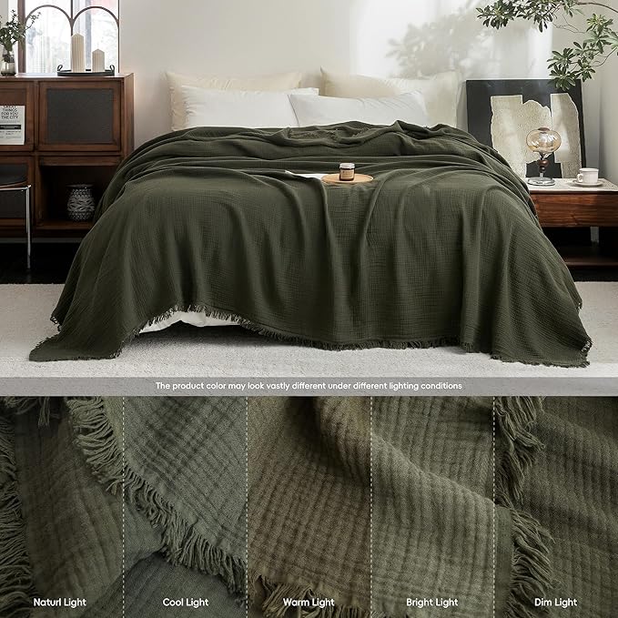 FOSSA Muslin Blanket with Fringe - 4-Layer 100% Cotton Gauze Super Soft & Breathable Throw -Lightweight Decorative Cooling Blanket for Bed, Sofa, Office (Olive Green, Throw (60" × 50"))