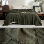 FOSSA Muslin Blanket with Fringe - 4-Layer 100% Cotton Gauze Super Soft & Breathable Throw -Lightweight Decorative Cooling Blanket for Bed, Sofa, Office (Olive Green, Throw (60" × 50"))