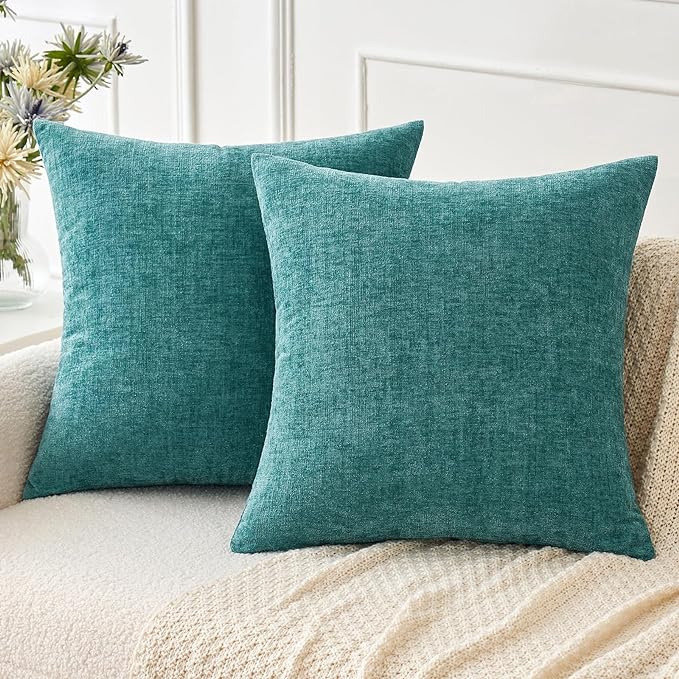 MIULEE Pack of 2 Couch Throw Pillow Covers 24x24 Inch Soft Teal Chenille Pillow Covers for Sofa Living Room Solid Dyed Pillow Cases
