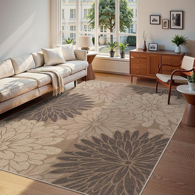 Easy Jute Rug 8x10 Floral Outdoor Rug Washable Area Rugs for Living Room Bedroom Non Slip Neutral Farmhouse Indoor Outdoor Carpet for Backyard Patio Office
