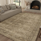 FMFUNCTEX 5x7 Washable Area Rug Neutral Vintage Brown Non Slip Low Pile Traditional Indoor Carpet for Living Room Bedroom Soft Retro Floral Mat Throw Rug for Dining Office Kitchen Dorm Entryway