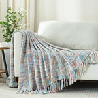 Multi-Color Pink Blue Cable Woven Throw Blanket for Couch,60"X80" Boho Style Textured Blankets for Home Decor,Super Soft Warm Cozy Chunky Blanket with Decorative Tassels for Bed