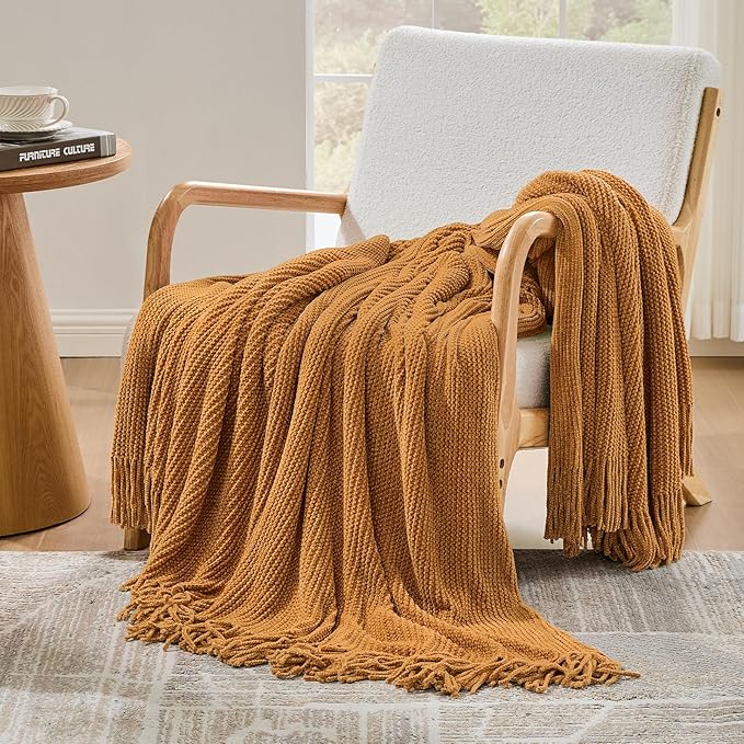 inhand Brown Throw Blanket for Couch Bed,Fall Home Decorative Soft Chunky Chenille Woven Blankets with Tassels,Lightweight Cozy Boho Farmhouse Warm Winter Gifts for Women,50"x60",Extra Thick