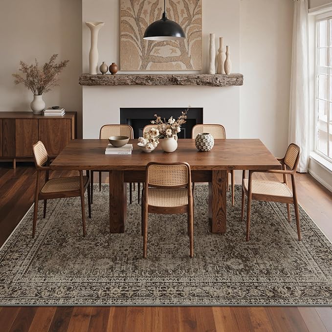 GENIMO 9x12 Area Rug Machine Washable Boho Rug for Living Room,Ultra-Thin Low Pile Carpet,Lightweight Indoor Printed Rug,Non Slip Floral Area Rug for Bedroom, Dining Room, Home Office,Brownish Green
