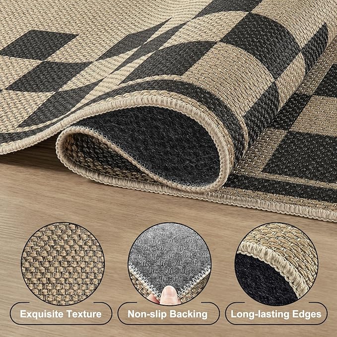 4x6 Jute Rug for Living Room: Farmhouse Indoor Outdoor Rug Washable with Non-Slip for Bedroom Patio Backyard Dining Room Home Office - Checkered Brown