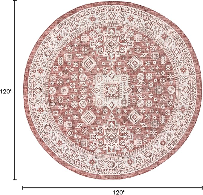 Rugs.com Outdoor Aztec Collection Rug – 10 Ft Round Rust Red Flatweave Rug Perfect for Kitchens, Dining Rooms