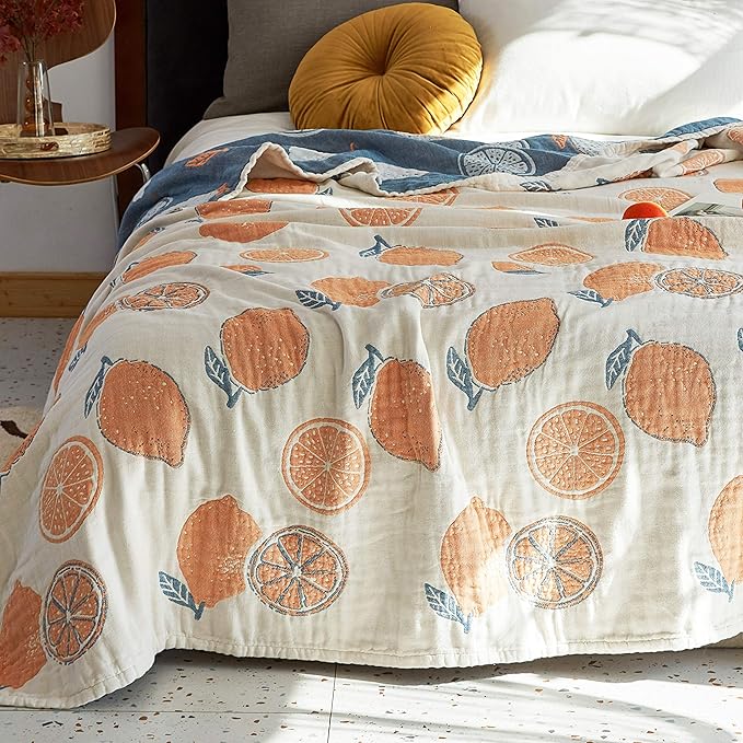 Scientific Sleep Lemon 100% Cotton Muslin Blanket Throw Cover for Bed Couch Sofa Cozy Soft Reversible Bedding Lightweight Warm Bedspread Quilt Coverlet Full Queen F/Q 80 in x 90 in