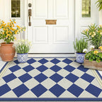 Checkered Easy Jute 3x5 Navy Blue Indoor Outdoor Rugs for Entryway, Washable Non Slip Diamond Boho Coastal Rug for Porch, Modern Minimalist Front Door Mat, Kitchen, Bathroom and Balcony Carpet