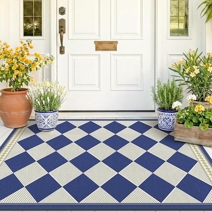 Checkered Easy Jute 3x5 Navy Blue Indoor Outdoor Rugs for Entryway, Washable Non Slip Diamond Boho Coastal Rug for Porch, Modern Minimalist Front Door Mat, Kitchen, Bathroom and Balcony Carpet