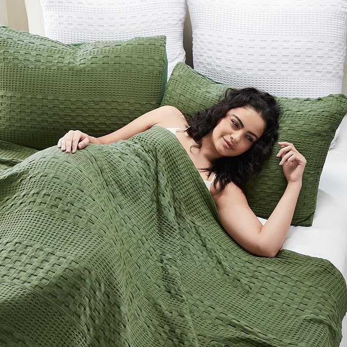 VHC Brands 100% Cotton Waffle Weave King Blanket 108"x90", Decorative Lightweight Spring and Summer Throw Blanket, Bedroom Decor for Bed, Couch, or Sofa, Olive Green