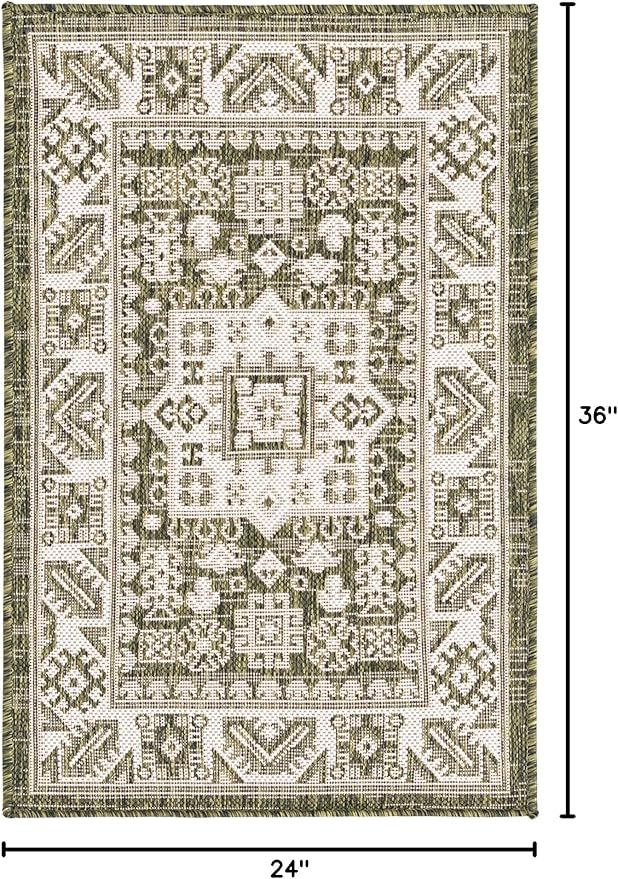 Rugs.com Outdoor Aztec Collection Rug – 2' x 3' Green Flatweave Rug Perfect for Living Rooms, Large Dining Rooms, Open Floorplans