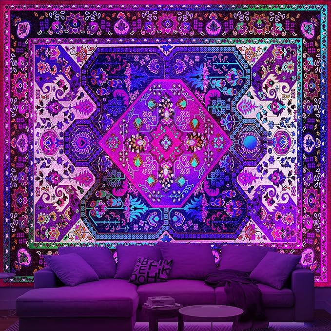 Apdidl Blackligt Boho Hippie Wall Tapestry for Bedroom Aesthetic, Glow in The Dark Neon Indian Bohemian Mandala Tapestries, UV Reactive Purple Floral Blanket Vertical Wall Hanging for Living Room 51" X 60"