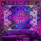 Apdidl Blackligt Boho Hippie Wall Tapestry for Bedroom Aesthetic, Glow in The Dark Neon Indian Bohemian Mandala Tapestries, UV Reactive Purple Floral Blanket Vertical Wall Hanging for Living Room 60" X 79"