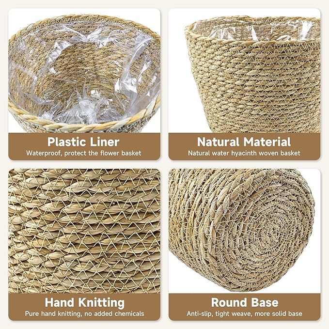 KJET 3PCS Seagrass Planter Basket with Plastic Liner, Boho Woven Plant Pots for Indoor Outdoor, Flower Baskets Containers for Garden and Home Decor