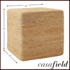 Casafield Hand-Braided Jute Pouf Ottoman Footrest, 18" W x 18" D x 18" H - Square, Natural Woven Boho Floor Cushion, Home Decor for Living Room