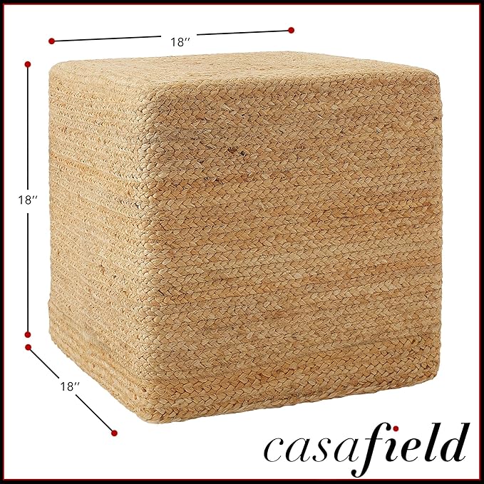Casafield Hand-Braided Jute Pouf Ottoman Footrest, 18" W x 18" D x 18" H - Square, Natural Woven Boho Floor Cushion, Home Decor for Living Room