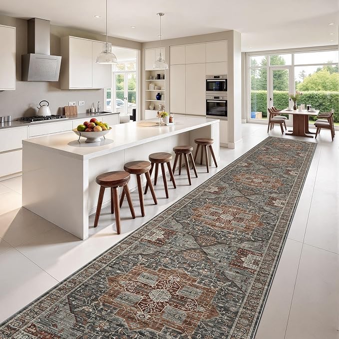 Washable Runner Rug 2.6x14 Runners for Hallways, Ultra-Thin Carpet Runners for Entryway Anti Slip Backing Runner Rugs for Kitchen Laundry Room Indoor Hallway (Grey/Brown/Tan)