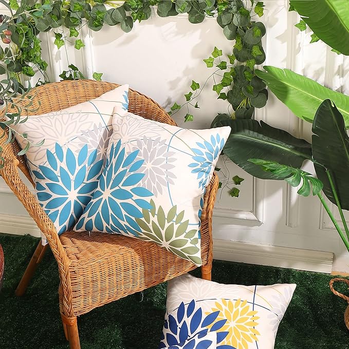 DFXSZ Blue Army Green Outdoor Pillow Covers Set of 2 16X16 Inch Teal Floral Elegant Polyester Flower Pillow Case Outdoor Waterproof Decor for Patio Funiture Garden Linen Cushion Covers 01C16