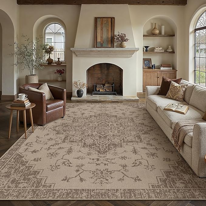 6x9 Easy Jute Outdoor Patio Rug Washable Brown Floral Floral Area Rug for Living Room Lightweight Non Slip No Sheding Carpet Balcony Farmhouse Bedroom Backyard Dining Room Deck