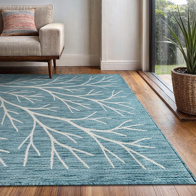 Washable Indoor Outdoor Rug 10x14 Modern Area Rugs Branch Pattern Non Shedding Waterproof Easy Clean Patio Deck Porch Living Room Bedroom Garden RV (10 X 14 Aqua)
