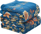 Boho Blanket Soft Muslin BohoThrow Blanket, 100% Cotton Floral Printed Farmhouse Decor All Season Reversible Rustic Throw for Sofa Couch Chair (Blue, 50"x60")