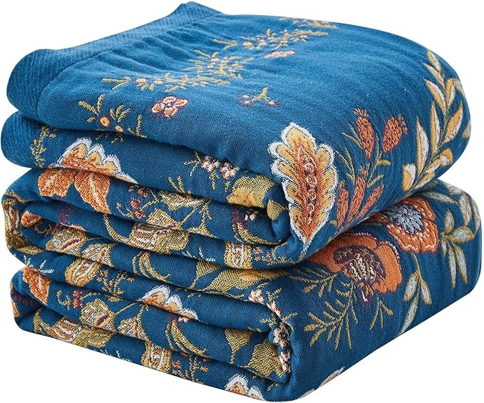 Boho Blanket Soft Muslin BohoThrow Blanket, 100% Cotton Floral Printed Farmhouse Decor All Season Reversible Rustic Throw for Sofa Couch Chair (Blue, 50"x60")